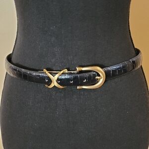 LANDES Dark Navy Blue Leather Belt with Brass Tone Hardware, Size Large